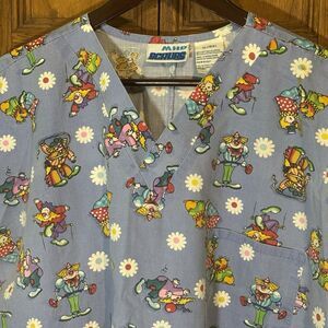 MHD Scrubs Clown Top Unisex XL Blue Cotton Poly 3 Pockets V-Neck Short Sleeves
